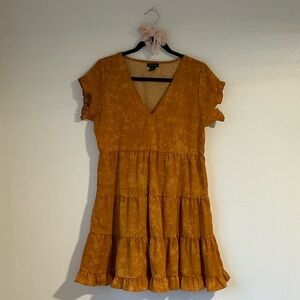 Deep Mustard Yellow V-neck Mini Dress with Ruffle Sleeves and Hem